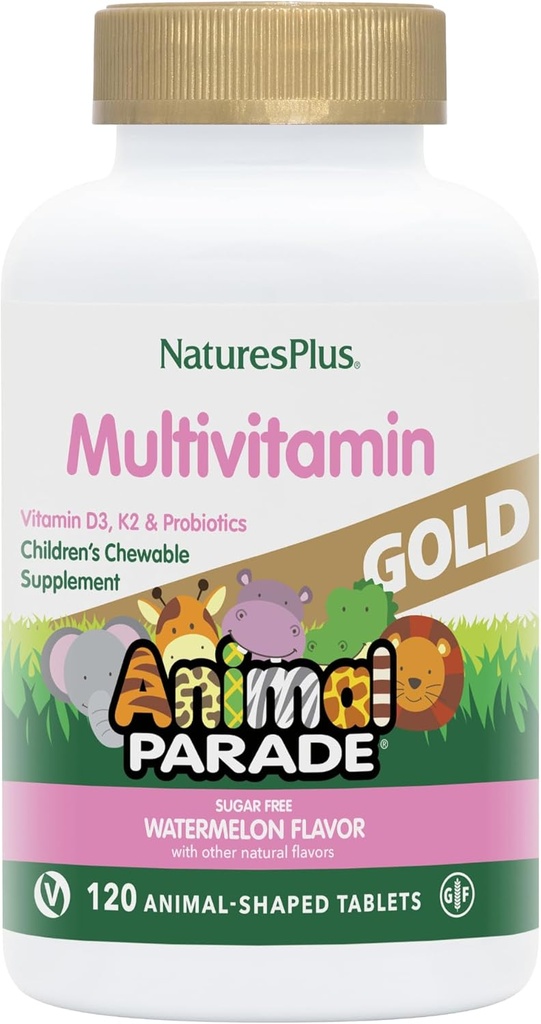 NaturesPlus Animal Parade Gold Multivitamin Children's Chewables - Watermelon Flavor - 120 Animal-Shaped Tabletler, 2 - Vitamin D3, K2 & Probiyotikler - Vegan, Gluten Free - 120 Toplam Hizmetler