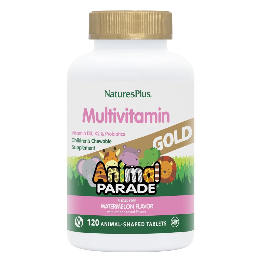 NaturesPlus Animal Parade Gold Multivitamin Children’s Chewables - Cartermelon Flavor - 120 Animal-Shaped Tablets, Pack of 2 - Βιταμίνη D3, K2 & Probiotics - Vegan, Χωρίς γλουτένη - 120 Σύνολο Μερίδες