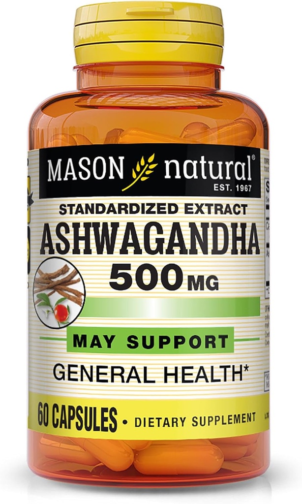 Mason Natural Ashwagandha 500 mg, Adaptogen για το στρες & την ενεργειακή υποστήριξη, συμπλήρωμα βοτάνων, 60 ημέρες προσφοράς