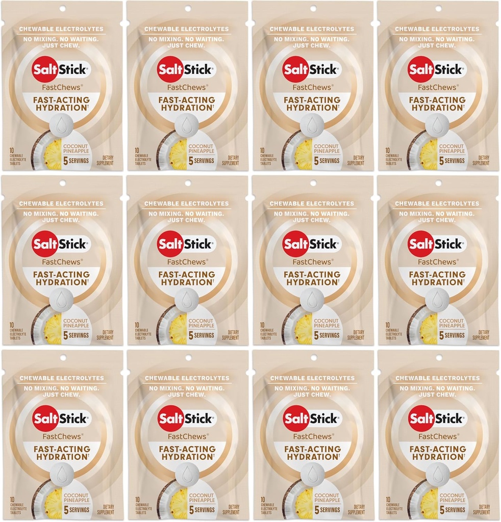 SaltStick Electrolyte FastChews - 120 Count Coconut Pineapple Flavor - Electrolyte Tablets for Hydration, Salt Tabs - 10 Count (Pack of 12)