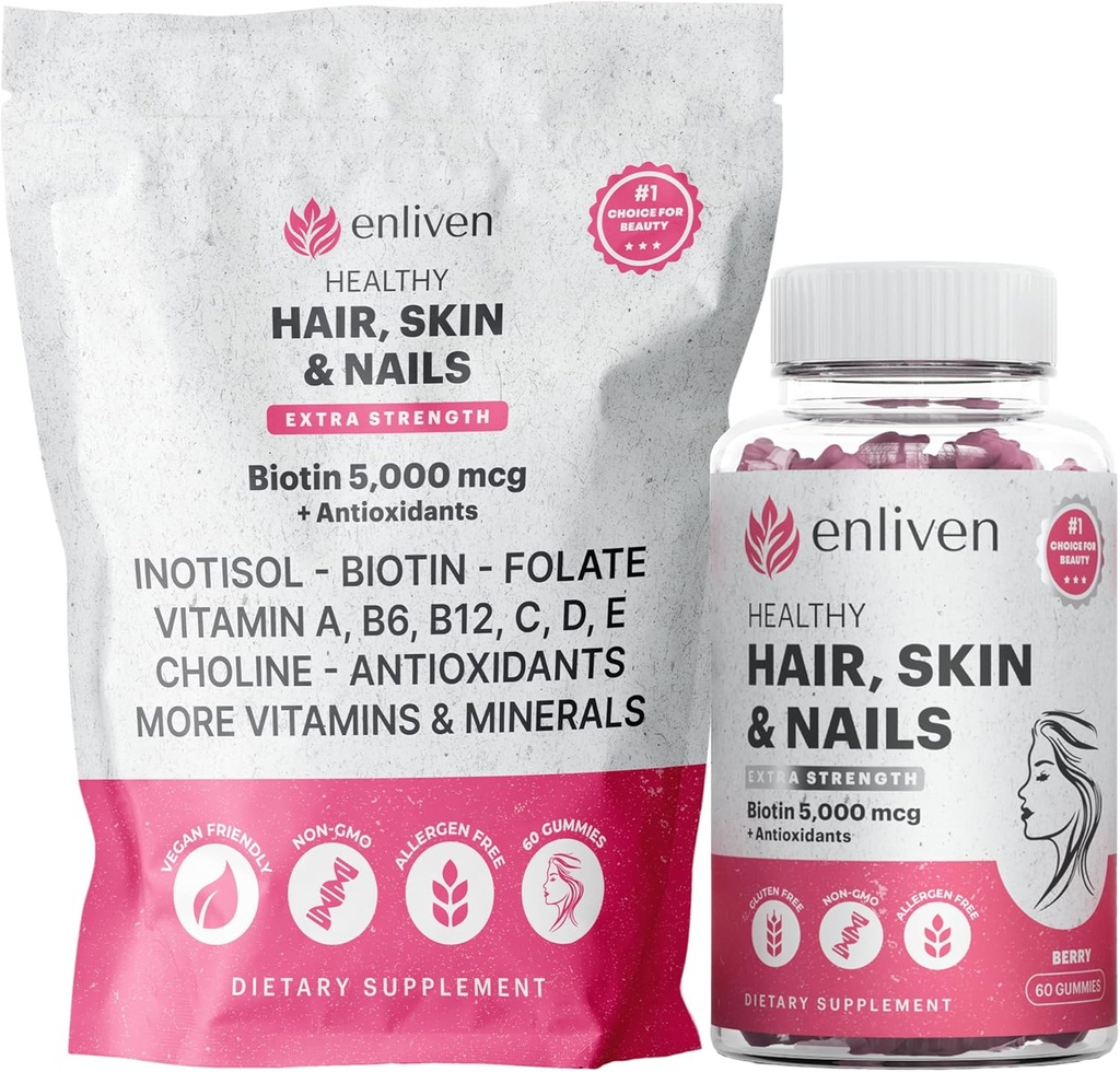 Saç Büyümesi ve Güçlü Çiçeği için Canlı Biyotin Gummies | 5000mcg Biotin + Inositol, Collagen Support | Skin Care Vitamins for Women & Men | Berry Flavor | Vegan Hair Skin Nail Supplement | 60 Gummies