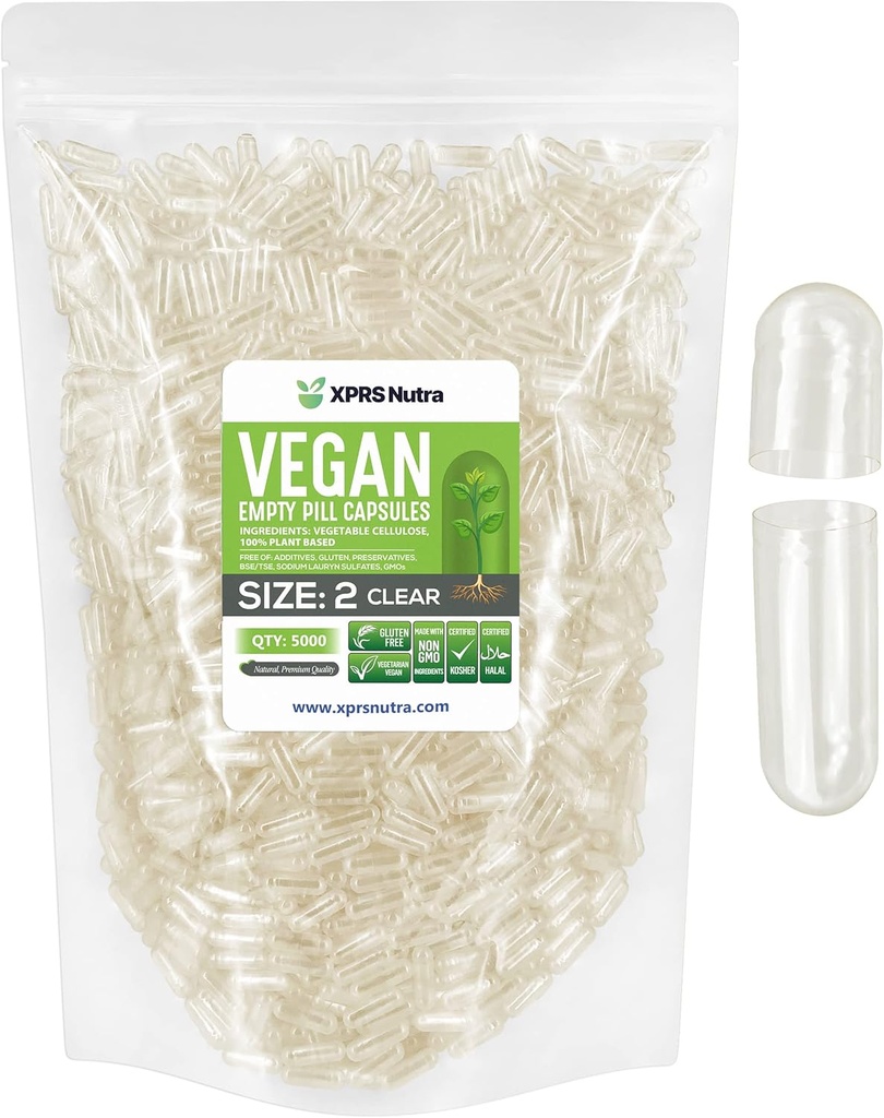 XPRS Nutra Boyutu 2 Boş Kapsüller - 5000 Clear Boş Vegan - Vejetaryen DIY Sebze Kapsülü - Veggie Pill Capsules Pills