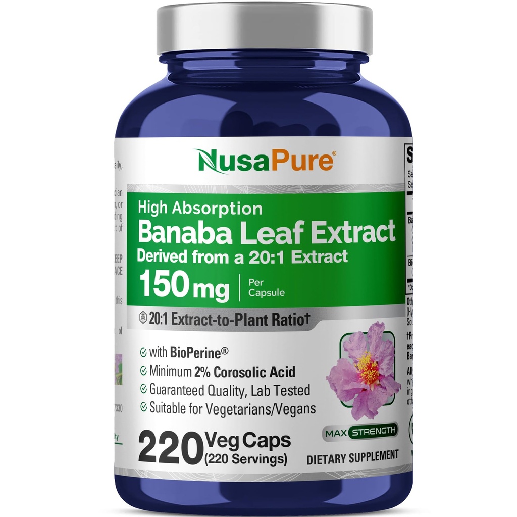NusaPure Banaba Leaf 20:1 Extract, 150 mg Ισοδύναμο με 3.000 mg Veg Caps, 220 ημέρες προσφοράς (Non-GMO & Vegan) 2% Κοροσολικό οξύ