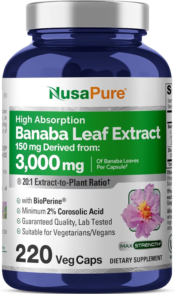 NusaPure Banaba Leaf 20:1 Extract, 150 mg Equivalent to 3,000mg Veg Caps, 220 Days Supply (Non-GMO & Vegan) 2% Corosolic Acid