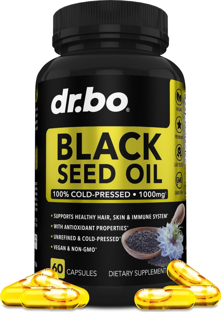 Black Seed Oil Capsules Vegan - Pure Cold Pressed Black Seed Oil Nigella Sativa Cumin for Skin & Hair Health, 500 mg, 1000 mg Per 2 Capsule Blackseed Liquid Capsules Halal - 60 Softgels Pills Pills