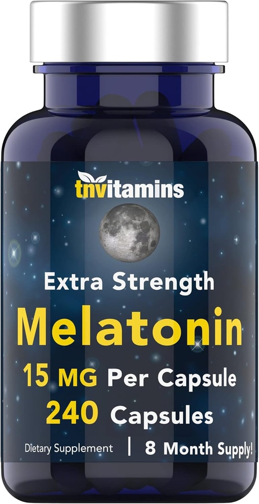 tnvitamins Melatonin 15 MG Per Capsule (240 Capsules) | Tüm Doğal Uyku Pilleri Yetişkinler | Ekstra Kuvvetli Melatonin | Gece Uyku Desteği | Doğal Uyku Desteği Tamamlandı