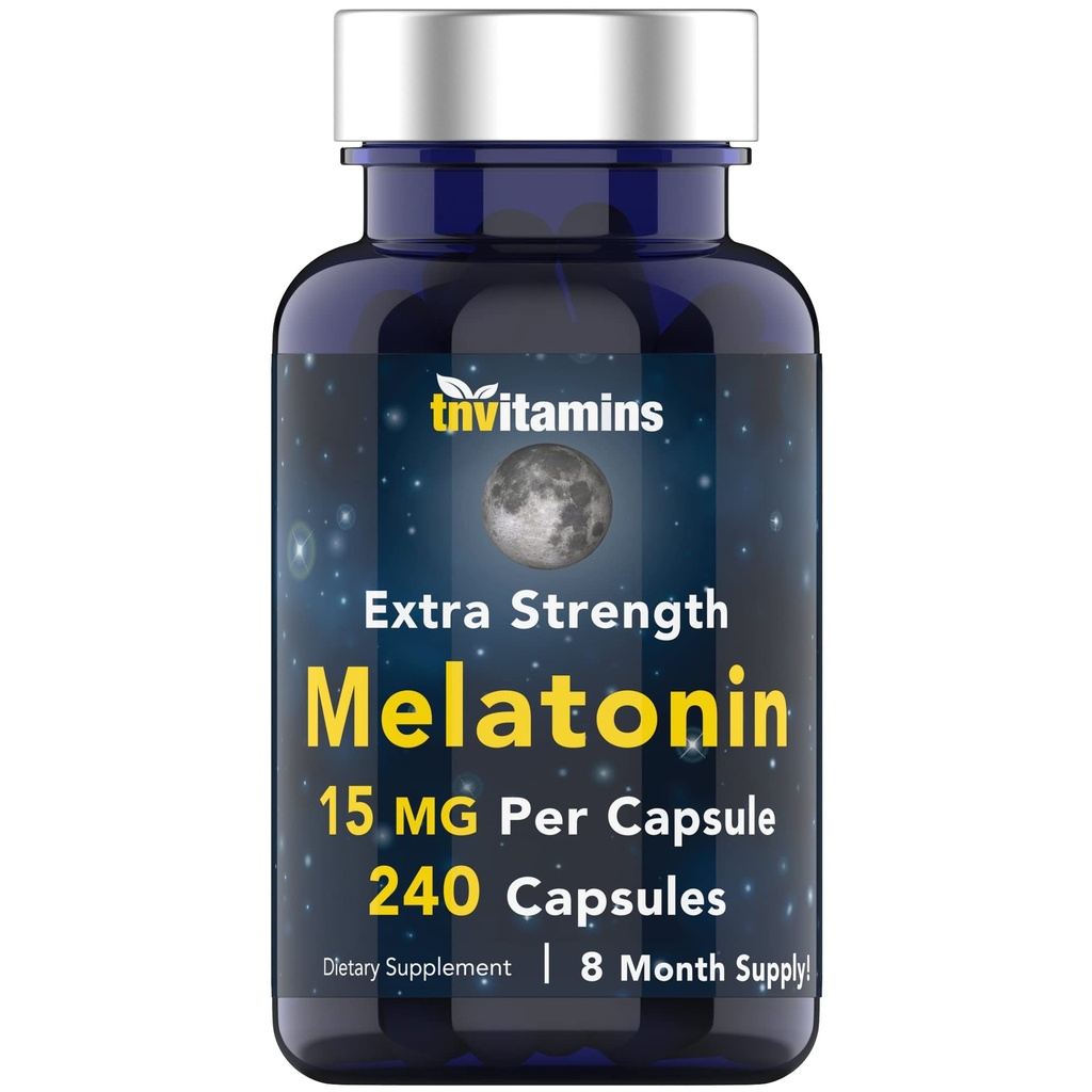 tnvitamins Melatonin 15 MG Per Capsule (240 Capsules) | Tüm Doğal Uyku Pilleri Yetişkinler | Ekstra Kuvvetli Melatonin | Gece Uyku Desteği | Doğal Uyku Desteği Tamamlandı