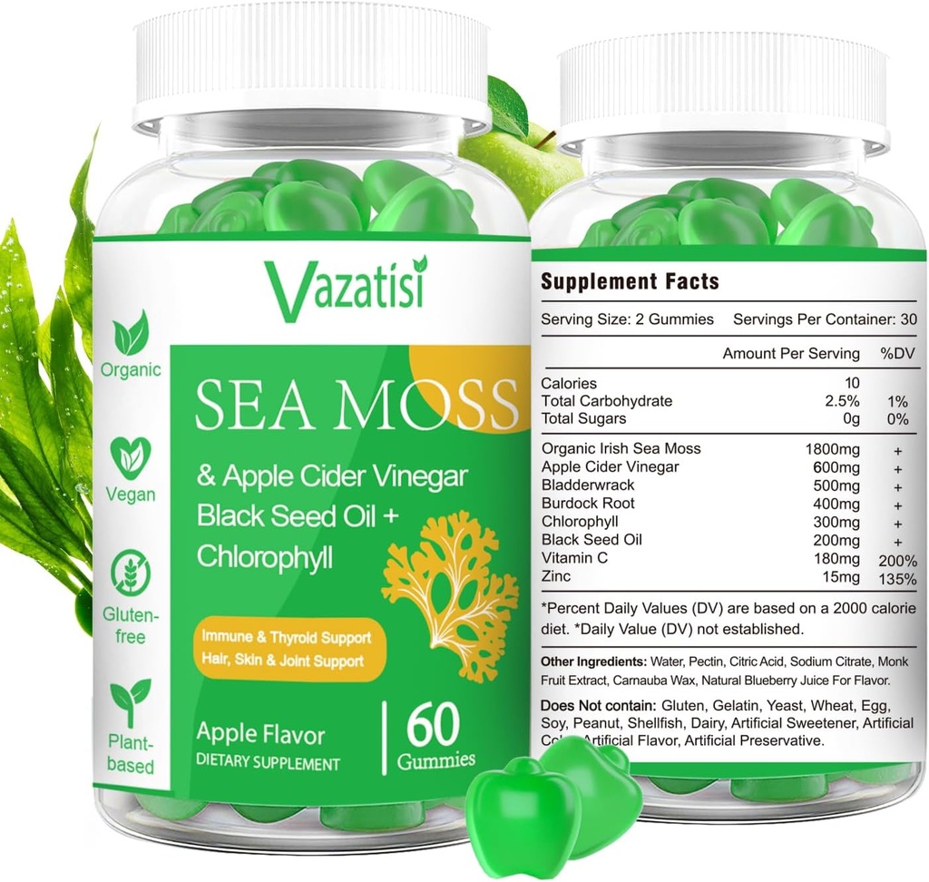 2 Pack Organik İrlandalı Deniz Moss Gummies with Black Seed Oil, Chlorophyll - Thyroid, Mood, Energy & Immune Support - Women & Men, Adult & Kid - 120 Vegan Gummies