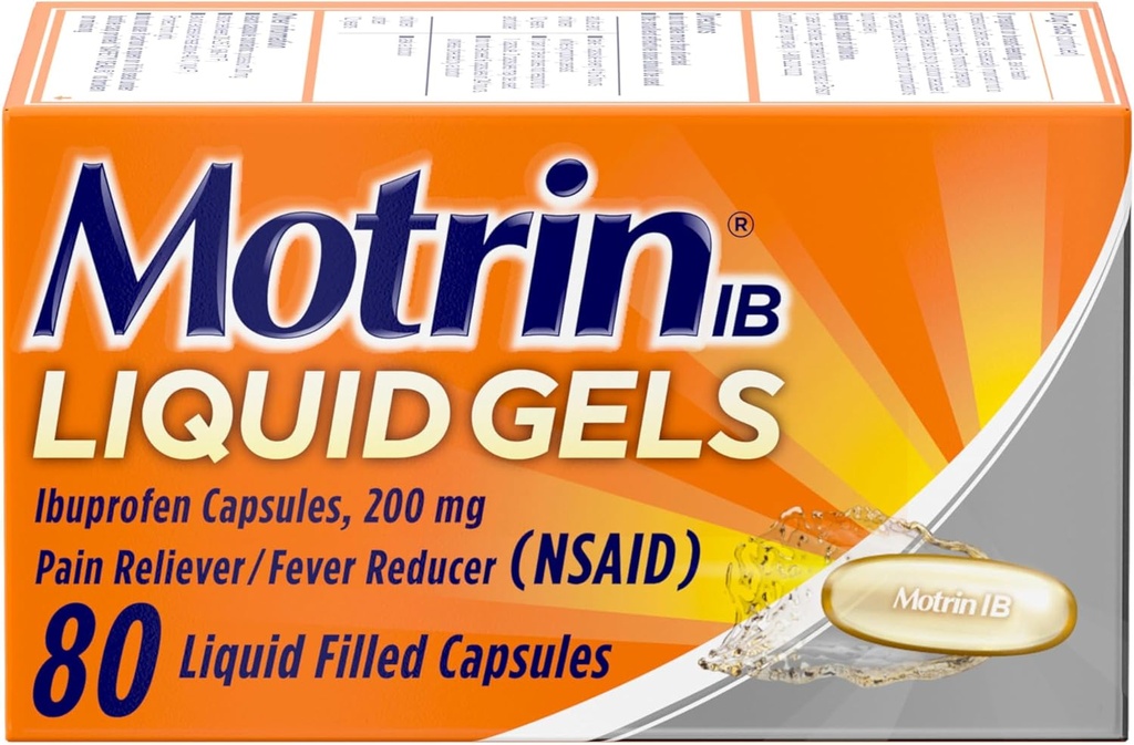Motrin IB Ibuprofen 200mg Liquid Gels, Ibuprofen Pain Reliever & Fever Reducer για Ενήλικες, Ανακούφιση από Ανώδυνη Αρθρίτιδα Πόνος, Μυϊκοί πόνοι, Πονοκέφαλος, Εμμηνορρυϊκές κράμπες & Οσφυαλγία, 80 ct