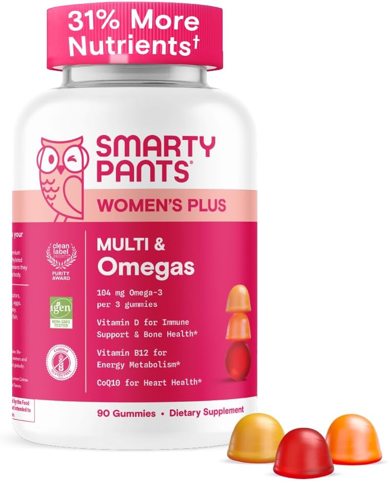 SmartyPants Women's Multivitamin Gummies - Βελτιωμένη Φόρμουλα: Ωμέγα 3 (DHA/EPA), Methylfolate, CoQ10, Vitamin D3, C, Vitamin B12, B6, A, K & Zinc, Ινοσιτόλη, Χωρίς Γλουτένη, 90 Count (30 Day Supply)