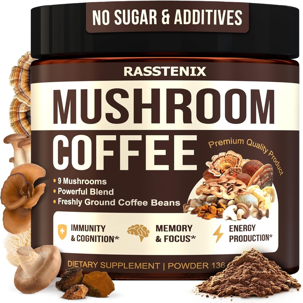 Mushroom Coffee Organic - 9 Mushroom Adaptogen Mix - Lion's Mane, Chaga, Türkiye Tail, Reishi, Shiitake - Instant Mushrooms Coffee for Gut Health, mental Clarity - 60 Hizmetler