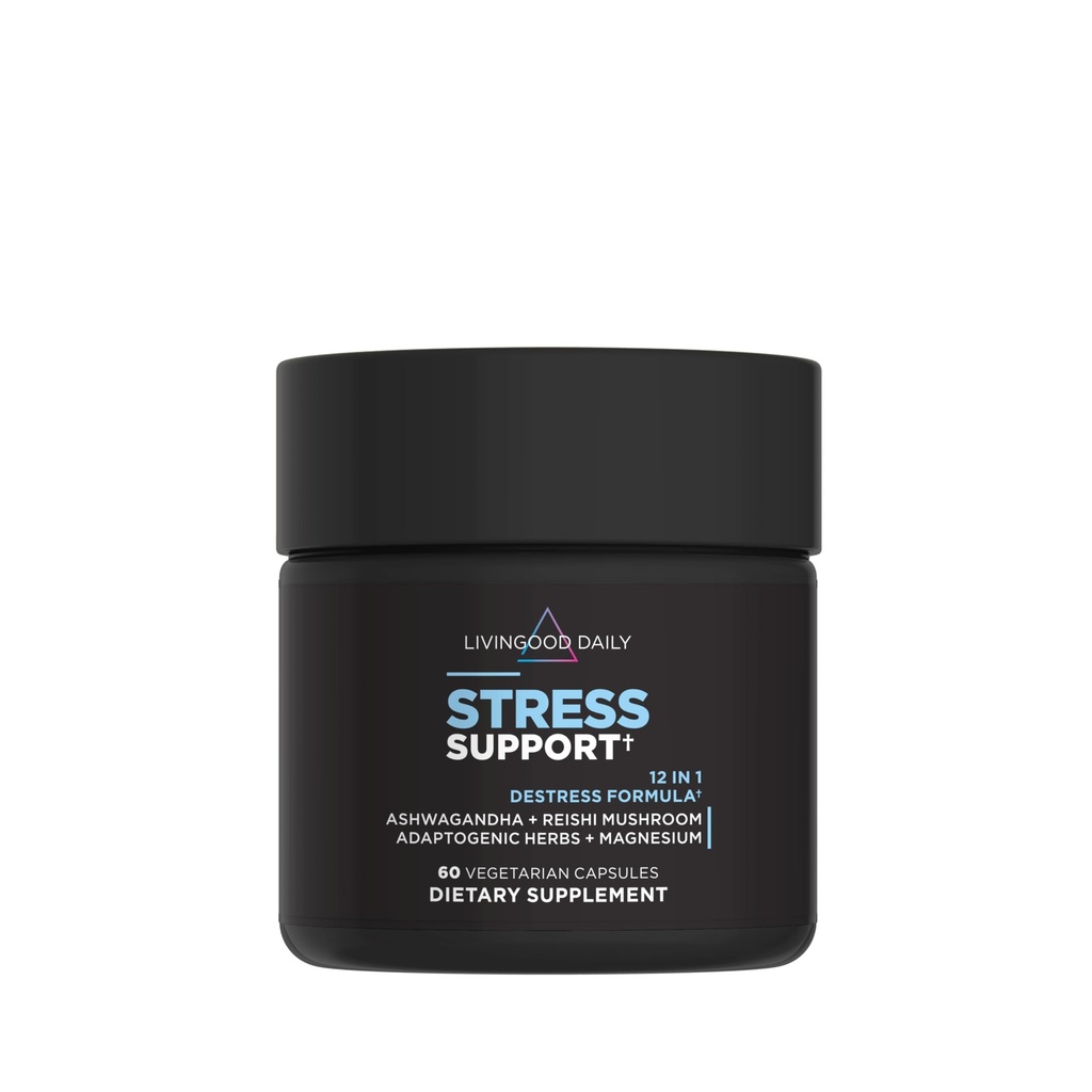 Livingood Daily Stress Support, 12in-1 Supplement with Ashwagandha, Reishi Mushroom, Vitamin B6, Adaptogen Herbs & Magnezyum, Supports Mood & Calm, Gluten Free, Vegan, 60 Vegetarian Capsules