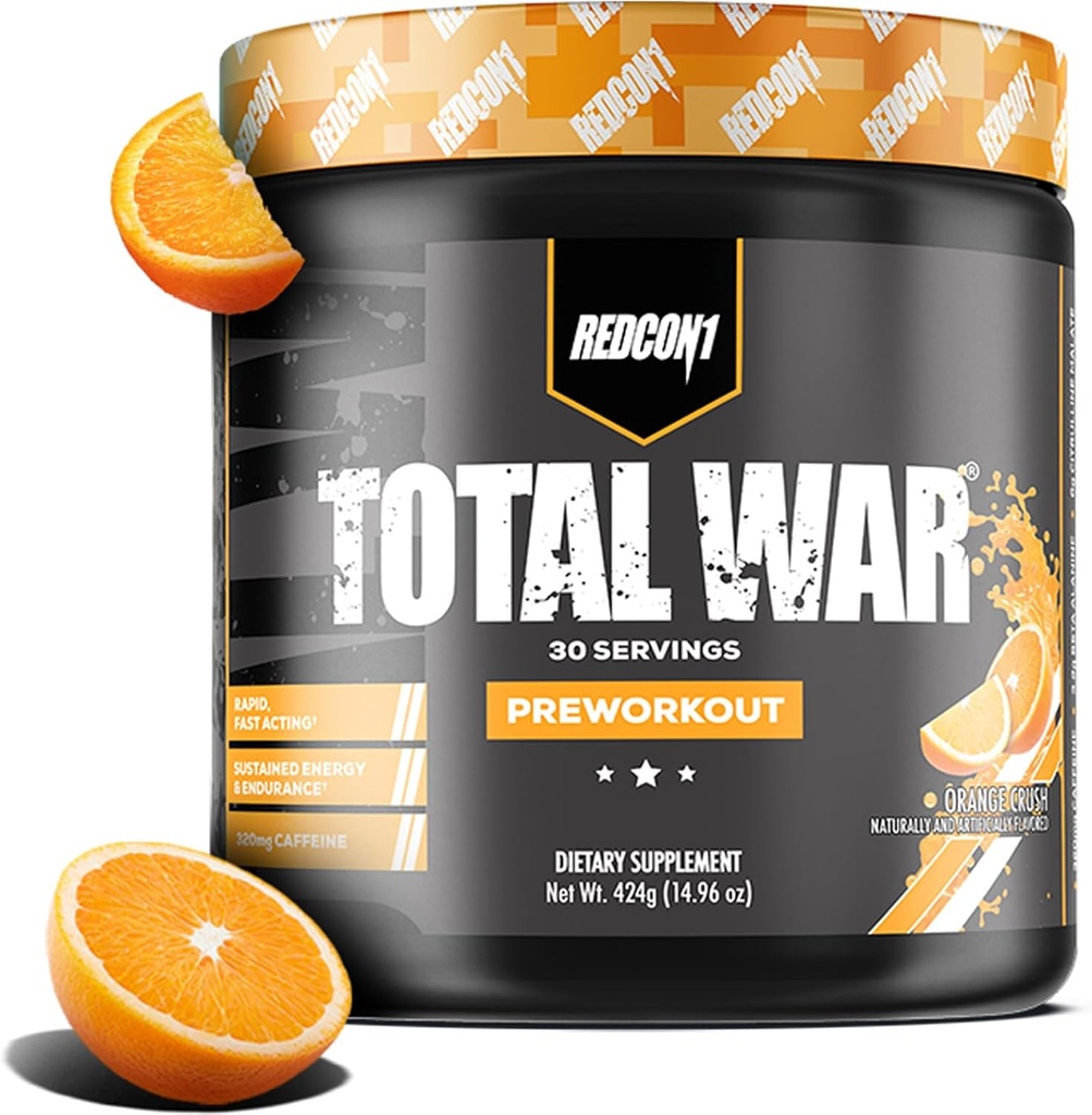 REDCON1 Total War Pre Workout, Orange Crush - Green Tea, Juniper & Beta Alanine'den Caffeine'nin 320 mg'sı - Pompayı artırmak için Amino Asitlerle Çalışmak, Enerji + Endurance (30 Hizmet)
