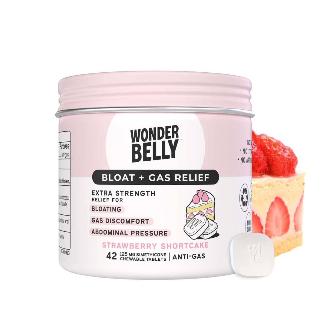 Wonderbelly Bloat + Gas Relief, Extra Strength Chewable Tabletler, 125 mg Simethicone, No Talc veya Dye, Strawberry Shortcake, 42 Count Count Count