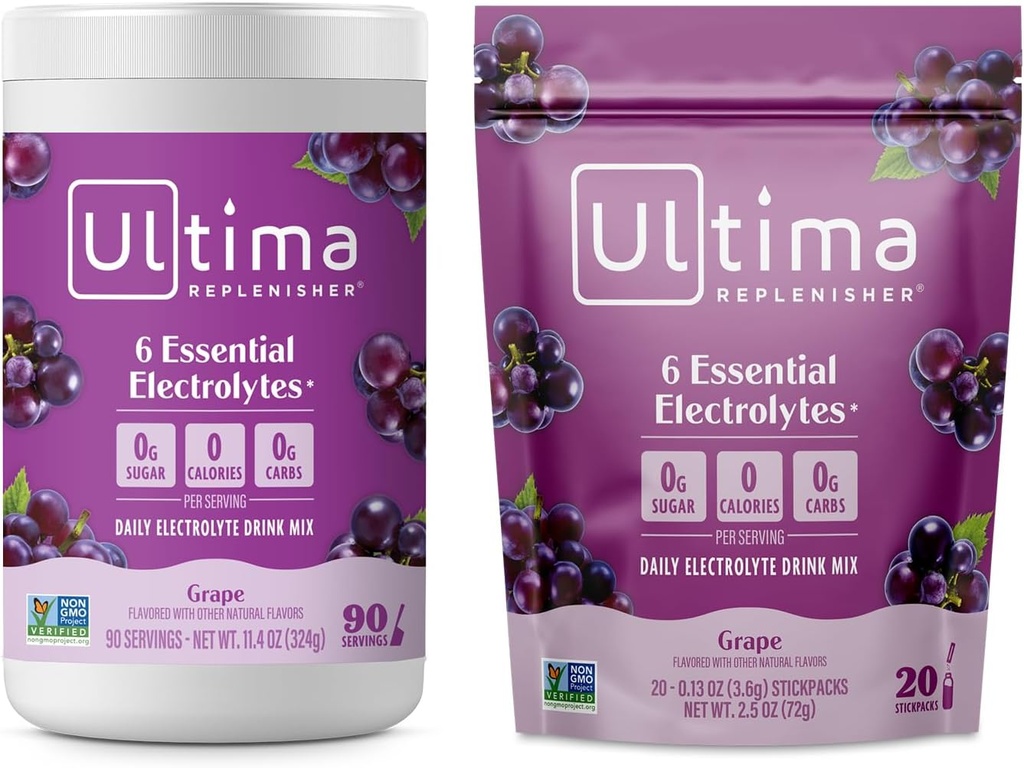 Ultima Replenisher Electrolyte Toz İçecek Mix Sche – Sugar Free – Grape, 90 Canister ve 20 Stickpacks – 6 Electrolytes and Minerals – Keto Friendly, Vegan, Non-GMOMOMO