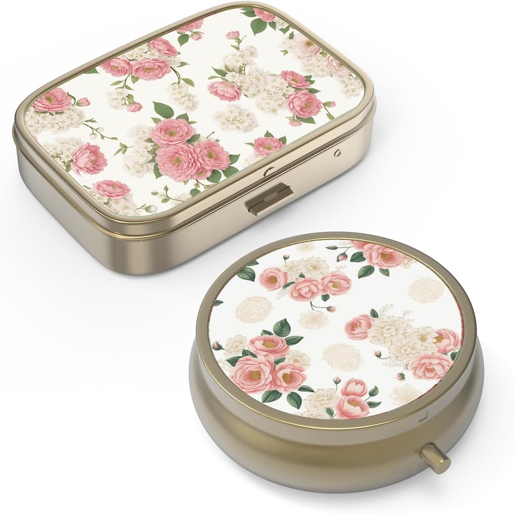 Pill Organizer Pill Box with Mirror Retro Small Pill Case for Purse or Pocket Bronz Pill Box or Vitamins, Fish Oil, Supplements, Pill Containe Travel Hediyeleri (2) Adapt-Retro Pink Floral)