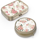 Pill Organizer Pill Box with Mirror Retro Small Pill Case for Purse or Pocket Bronze Pill Box or Vitamins, Fish Oil, Supplements, Pill Containe Travel Gifts（2PCS-Retro Pink Floral）