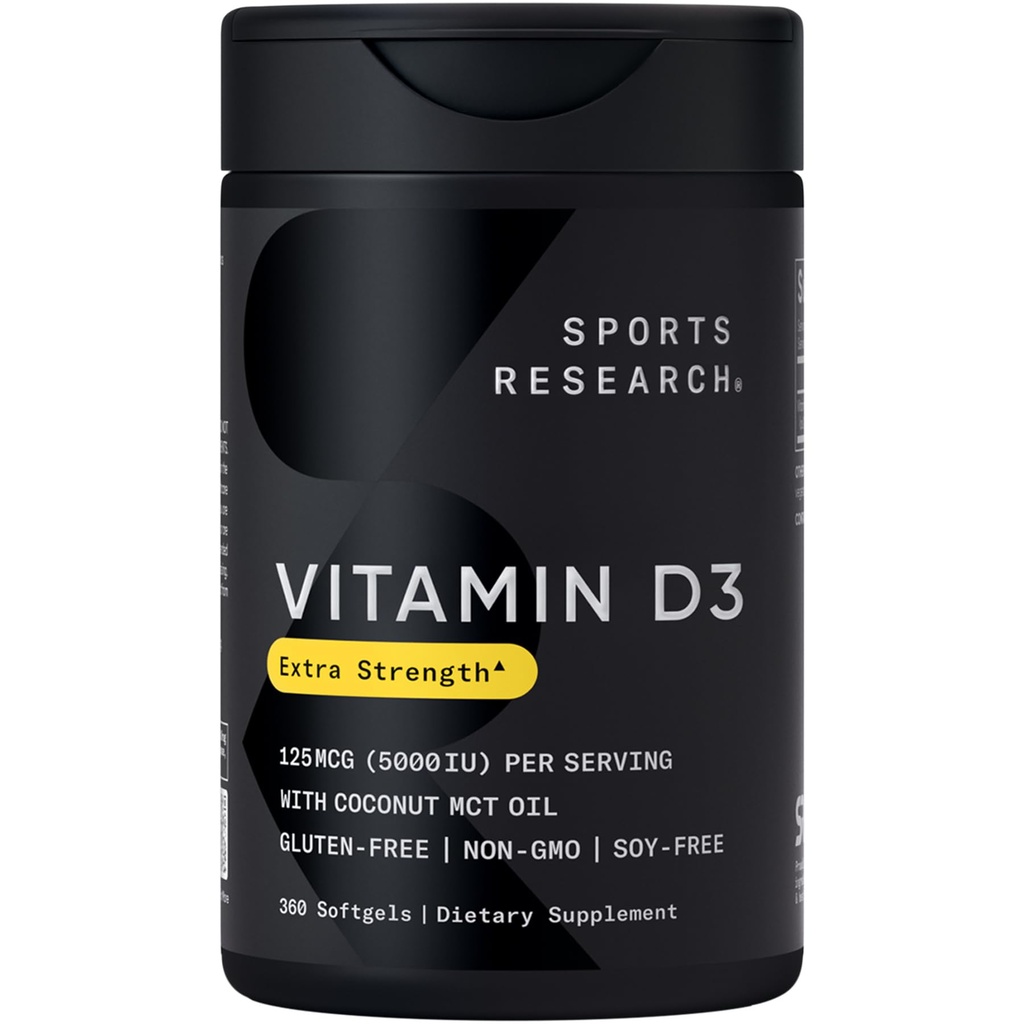 Sports Research® Vitamin D3 w/Coconut MCT Oil - Υψηλή ισχύς Βιταμίνη D3 5000iu (125mcg) Συμπλήρωμα για την υποστήριξη του ανοσοποιητικού και των οστών - Χωρίς σπορέλαιο - Μη ΓΤΟ - Χωρίς γλουτένη (360 Liquid Softgels)