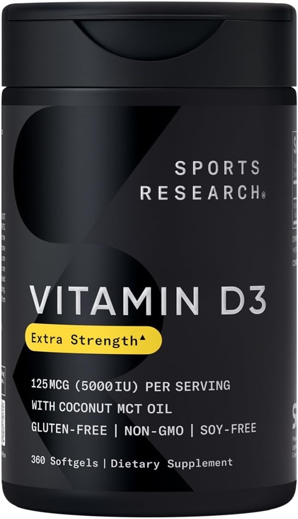 Sports Research® Vitamin D3 w/Coconut MCT Oil - Yüksek Potency Vitamin D3 5000iu (125mcg) Immune & Bone Support - Seed Oil Free - Non-GMO - Gluten Free (360 Liquid Softgels)