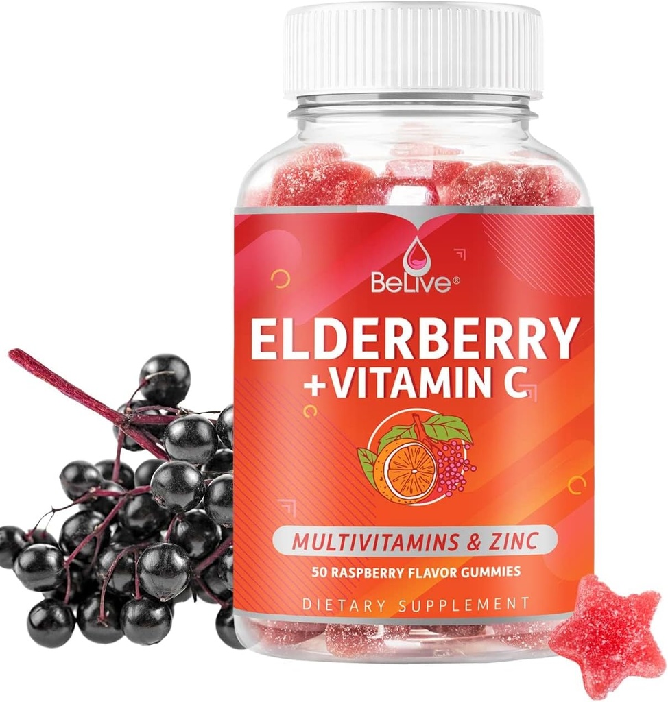 Belive Gummies Elderberry με ψευδάργυρο και βιταμίνη C, D, A, E, B12-50 Ct I συμπλήρωμα υποστήριξης του ανοσοποιητικού για υγιή οστά & δόντια, Vegan, Keto & μη GMO - Βατόμουρο Γεύση