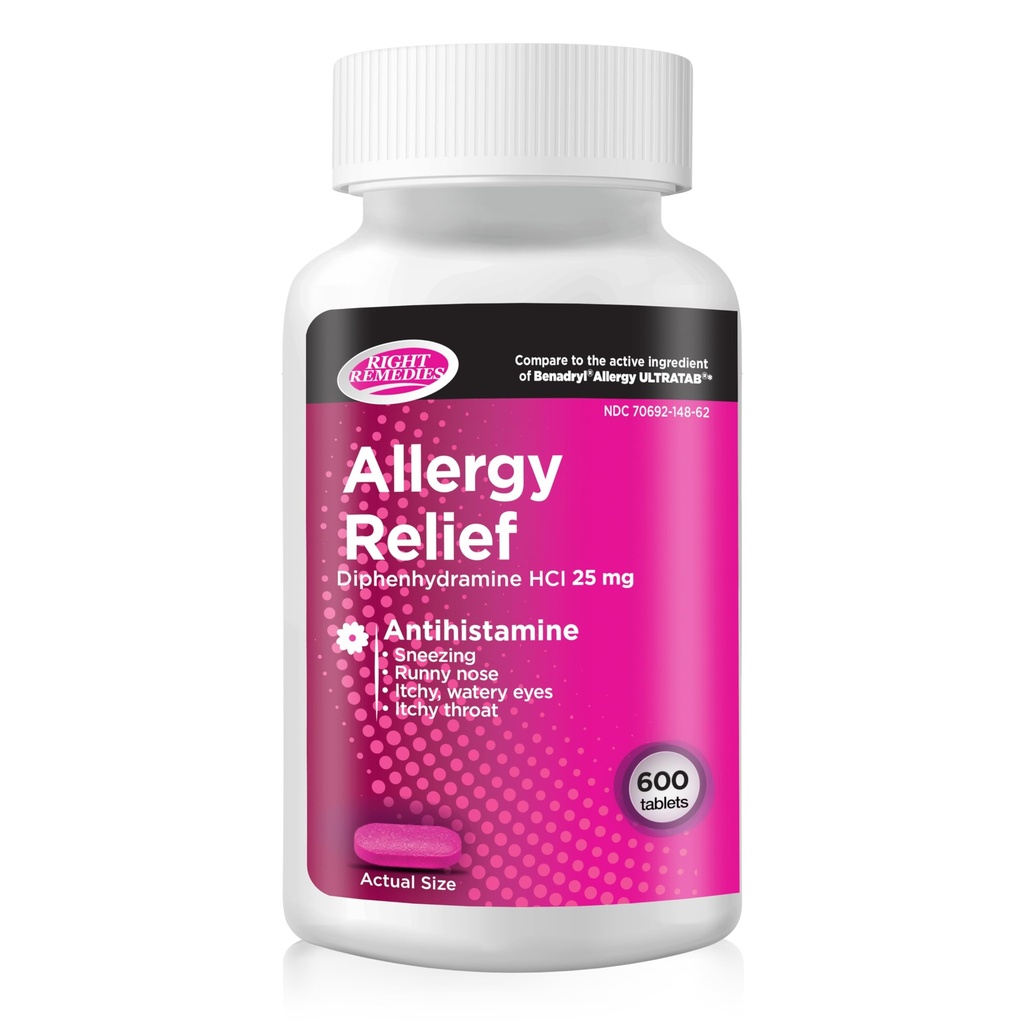 Antihistamin, Diphenhydramine HCl 25 mg, (600 Kont), Ulusal Marka Alerji Ultratabları ile karşılaştırıldığında, Relieves Mevsim Kapalı veya Açık Tüm Enerjiler
