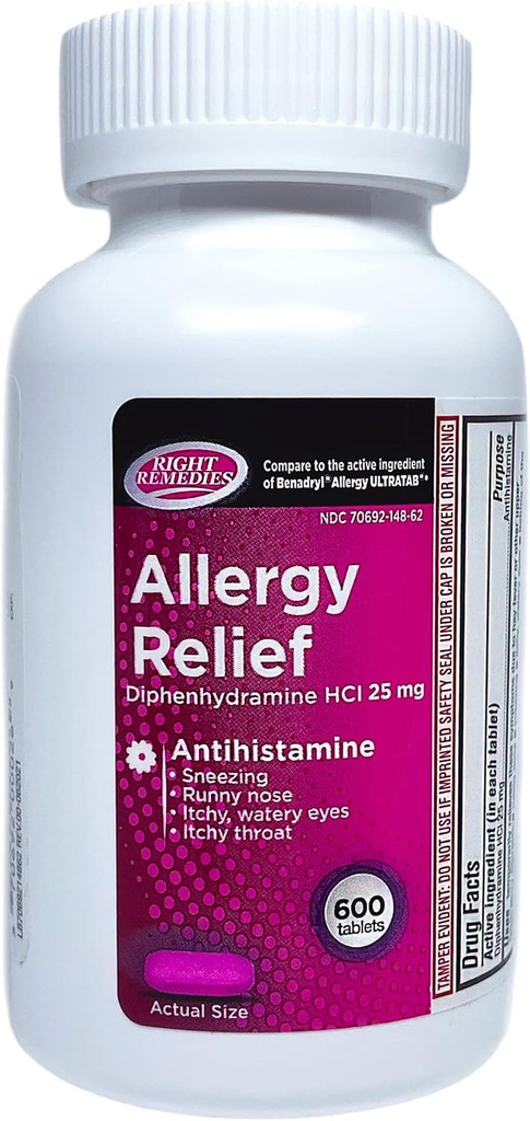 Antihistamin, Diphenhydramine HCl 25 mg, (600 Kont), Ulusal Marka Alerji Ultratabları ile karşılaştırıldığında, Relieves Mevsim Kapalı veya Açık Tüm Enerjiler
