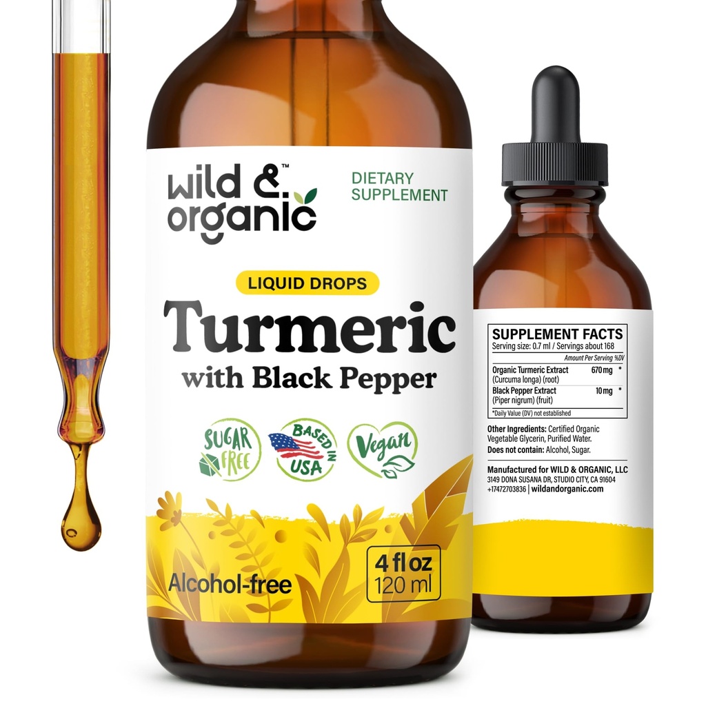 Wild & Organic Turmeric Tincture - Turmeric Curcumin with Black Pepper Extract - Mobility Support Supplement - Curcumin Root Liquid Drops - Vegan, Sugar & Alcohol-Free - 4 fl oz