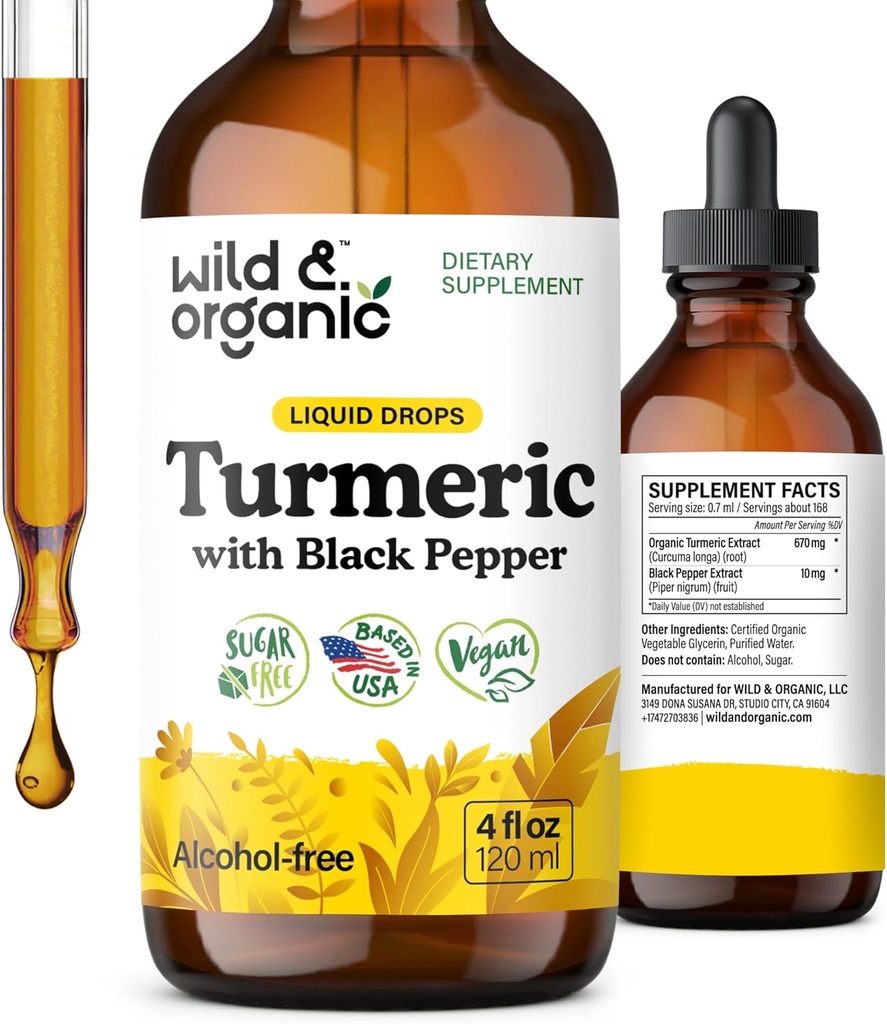 Wild & Organic Turmeric Tincture - Turmeric Curcumin with Black Pepper Extract - Mobility Support Supplement - Curcumin Root Liquid Drops - Vegan, Sugar & Alkol-Free - 4 fl ozz