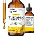 Wild & Organic Turmeric Tincture - Turmeric Curcumin with Black Pepper Extract - Mobility Support Supplement - Curcumin Root Liquid Drops - Vegan, Sugar & Alcohol-Free - 4 fl oz
