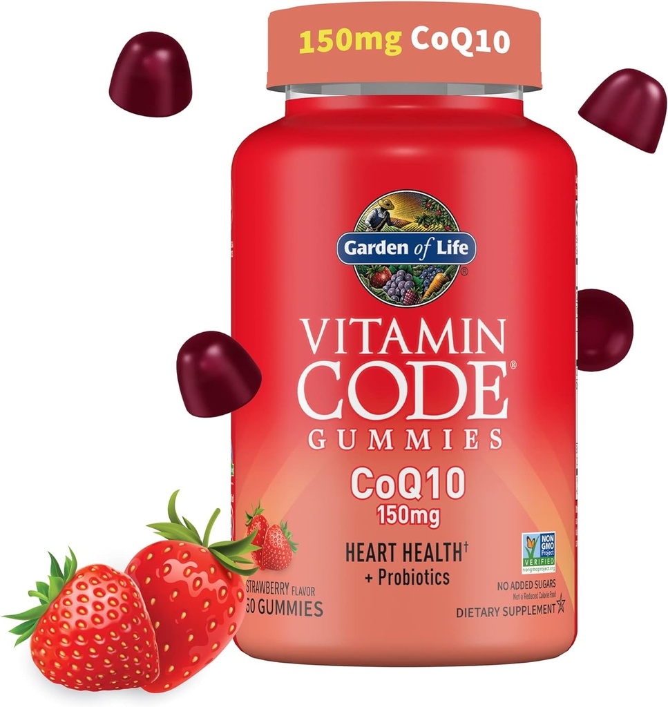 Κήπος Ζωής Κωδικός βιταμίνης CoQ10 Gummies 150 mg, Συνένζυμο Q10 για την υγεία της καρδιάς, την παραγωγή ενέργειας & την υγιή γήρανση + Πρεβιοτικά & προβιοτικά για την πέψη, μη-GMO, χωρίς γλουτένη, 60 Gummies Φράουλα