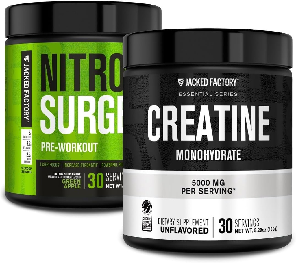 Jacked Factory NITROSURGE Pre Workout Supplement (Green Apple, 30 Hizmet) & Kretine Monohidrat Toz (Unflavored, 30 Hizmet)