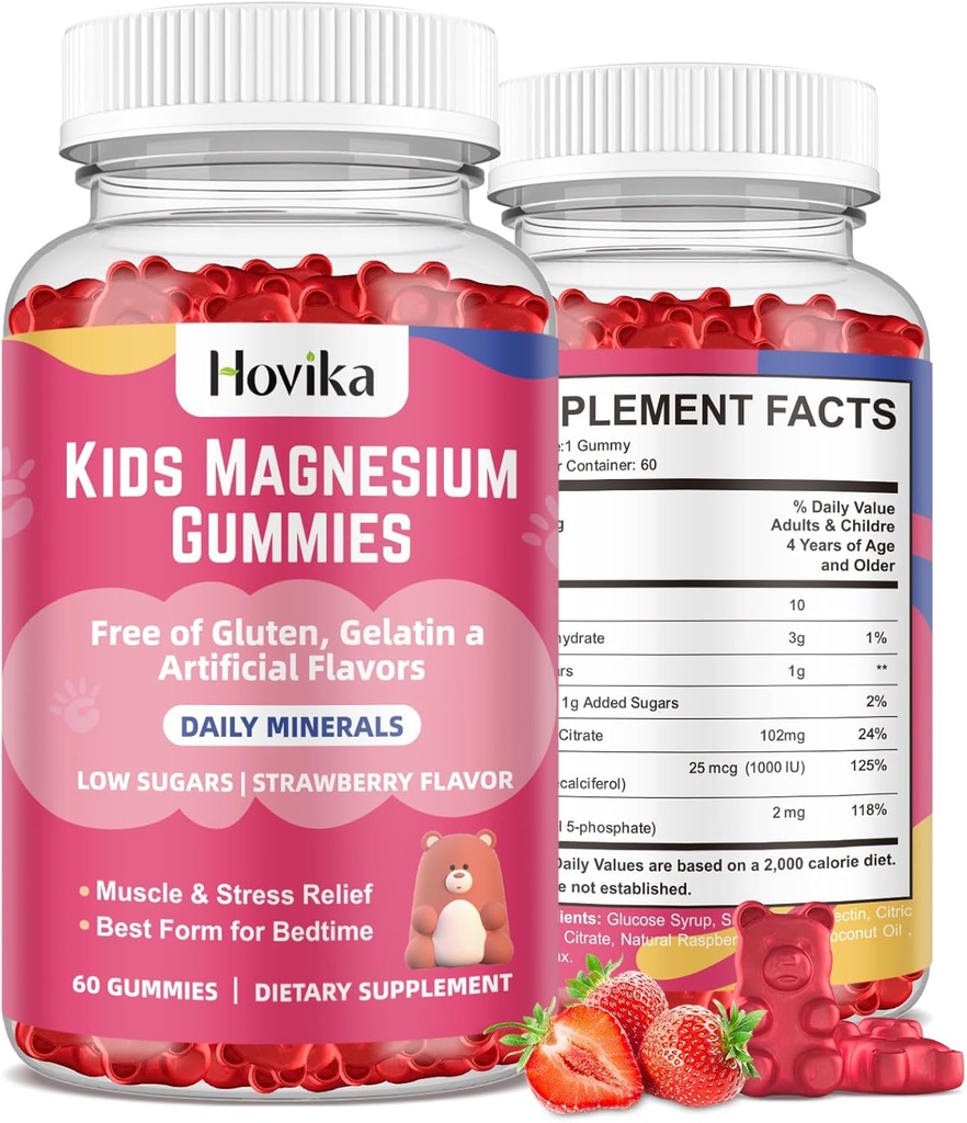 Çocuklar için Magnezyum Citrate Gummies - Great Tasting Kids Magnezyum Calm Supplement Support Nerve & Bone Health, Kids Wellness için Güçlü Kas, Vegan Strawberry Flavor Low-Sugar, 2 Pack-60 Kont