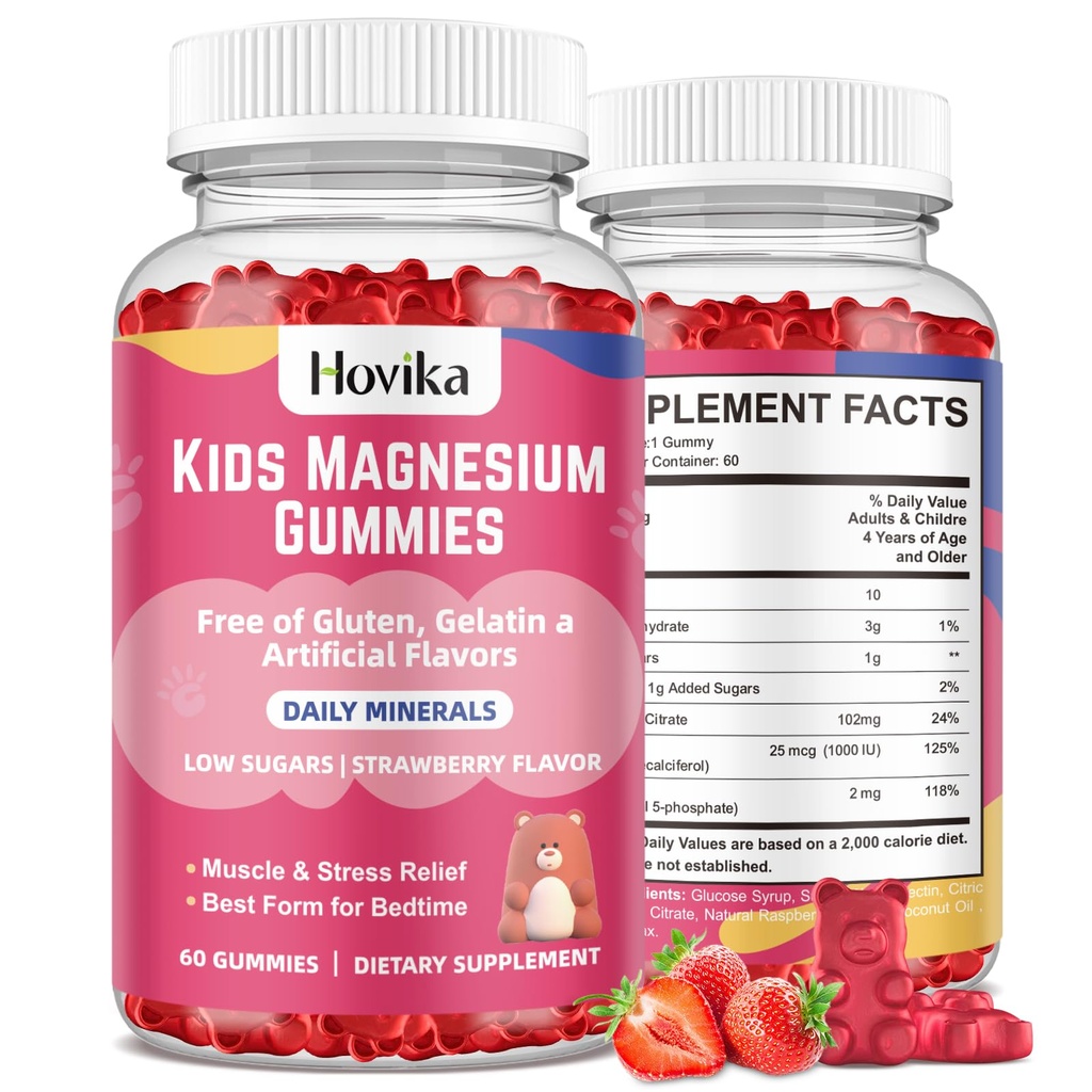 Çocuklar için Magnezyum Citrate Gummies - Great Tasting Kids Magnezyum Calm Supplement Support Nerve & Bone Health, Kids Wellness için Güçlü Kas, Vegan Strawberry Flavor Low-Sugar, 2 Pack-60 Kont