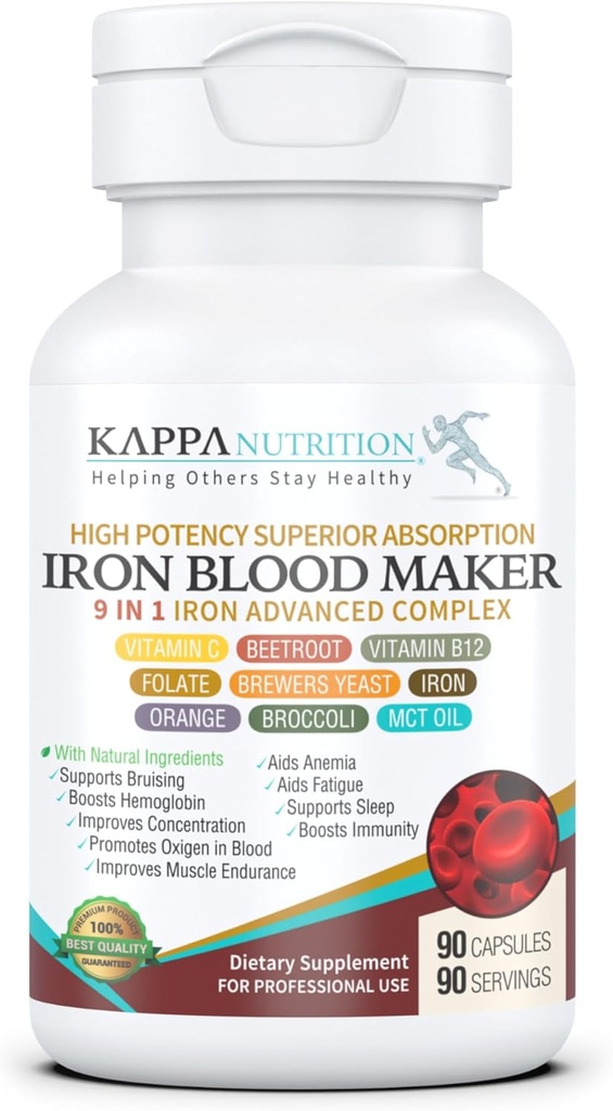 KAPPA NUTRITION Iron 26mg, C & Orange 150 mg, Folate 66706 DFE, B12, Arıtroot, Brewers Yeast, Broccoli & MCT Oil 9 in 1 Advanced Complex (90 Capsules)