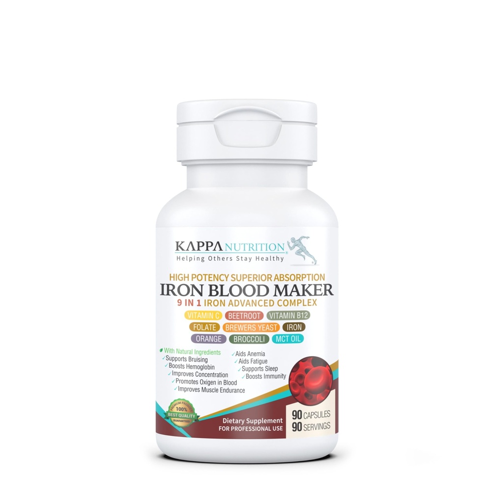 KAPPA NUTRITION Iron 26mg, C & Orange 150 mg, Folate 66706 DFE, B12, Arıtroot, Brewers Yeast, Broccoli & MCT Oil 9 in 1 Advanced Complex (90 Capsules)