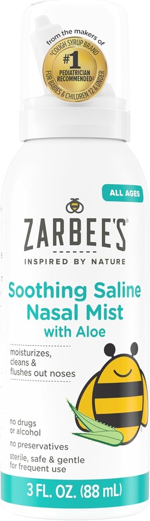Zarbee's Soothing Saline Nasal Mist with Aloe, Saline Spray for All Ages Works Hızlı ve Moisturize Noses, Mist Loosens Mucus & Clears Nasal Passageways, Drug-Free, 3 fl. Oz