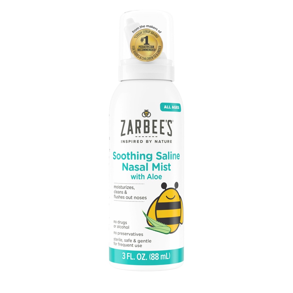 Zarbee's Soothing Saline Nasal Mist with Aloe, Saline Spray for All Ages Works Hızlı ve Moisturize Noses, Mist Loosens Mucus & Clears Nasal Passageways, Drug-Free, 3 fl. Oz
