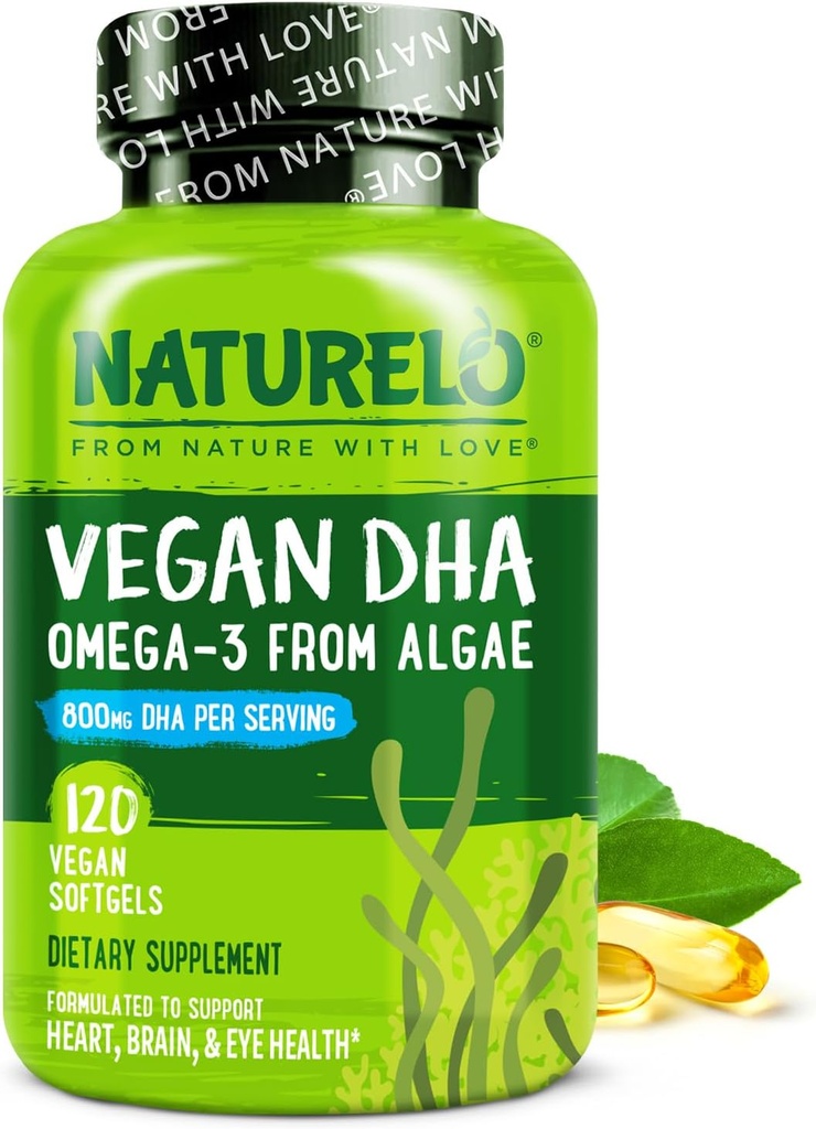 NATURELO Vegan DHA - Omega 3 Oil from Algae - Συμπλήρωμα για τον εγκέφαλο, την καρδιά, την κοινή, την υγεία των ματιών - παρέχει απαραίτητα λιπαρά οξέα για τις γυναίκες άνδρες και παιδιά - Συμπληρώνει προγεννητικές βιταμίνες - 120 Softgels