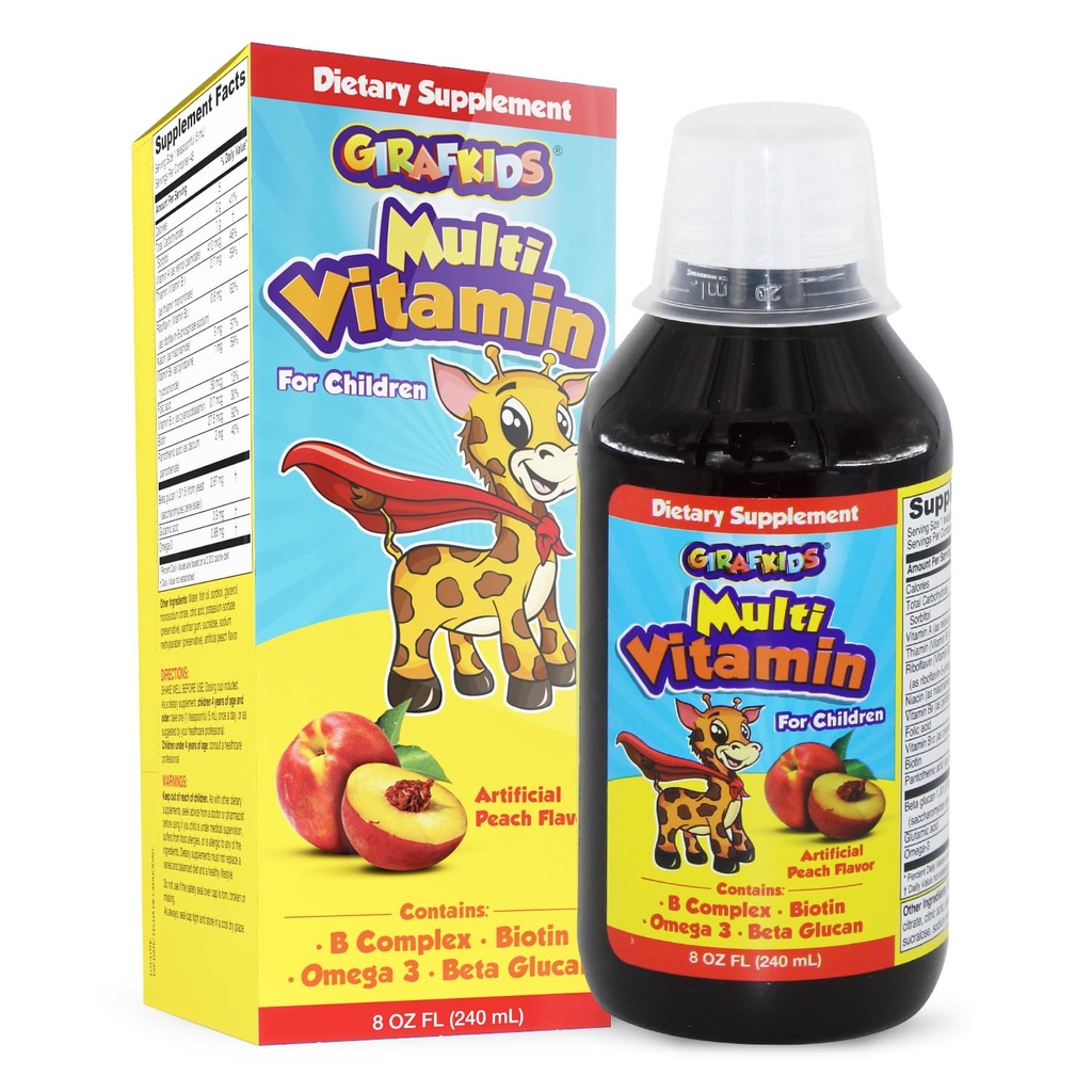 GirafKids Çocuklar için Çokvitamin Egzersiz, 8oz - Biotin ile Günlük Çocuk Vitaminleri, A, B Kompleksi, Folic Asit, Omega-3 & Beta Glucan - Çocuk Gelişimi ve Enerji için Diyetsel Tamam