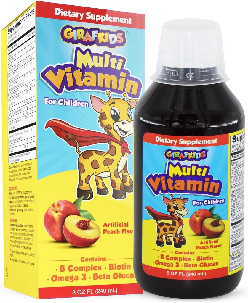 GirafKids Liquid Multivitamin for Kids Ηλικίες 4+, 8oz - Daily Child Vitamins with Biotin, Vitamin A, B Complex, Folic Acid, Omega-3 & Beta Glucan - Συμπλήρωμα διατροφής για την ανάπτυξη και την ενέργεια των παιδιών
