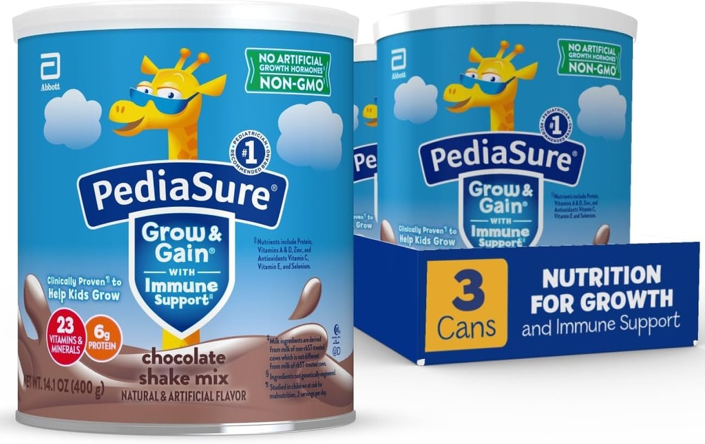 PediaSure Grow & Hold with Immune Support Shake Mix Toz, 23 Vitamins & Minerals, 6g Protein, Non-GMO, Gluten-Free, Chocolate, 14.1 oz Can, 3-24 hizmet paketi