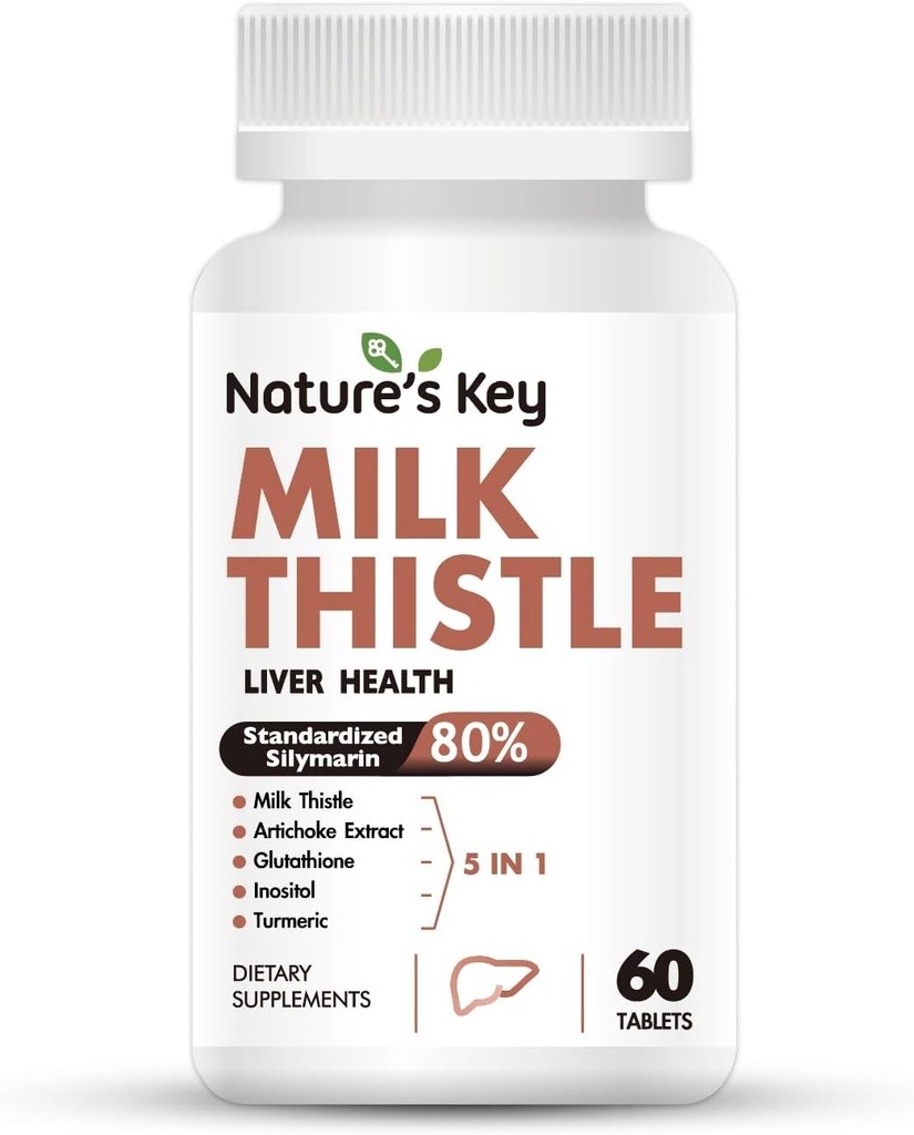 Doğanın Anahtar Sütü Butle 500 mg Liver Supplement,30:1 Ekstra Güçlü% 80 Silymarin | 5- in-1 Liver Cleanse Detox & Tamir Formula, Glutathione, Inositol & Turmeric-60 Tabletler