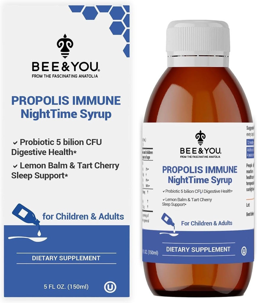 Bee and You Propolis Nighttime Syrup with Probiotic, Vitamin C, and Elderberry - Gentle Formula for Adults & Kids, 5 Fl Oz
