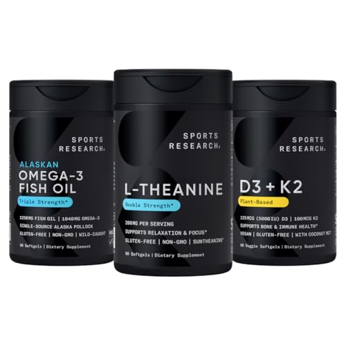 Sports Research® Body Wellness Pack - Double Strength L-Theanine (Suntheanine) Supplement 200mg, Triple Strength Omega 3 Fish Oil (1250mg) and Vegan Vitamin D3 (5000 IU) + K2 (100mcg Mk7)