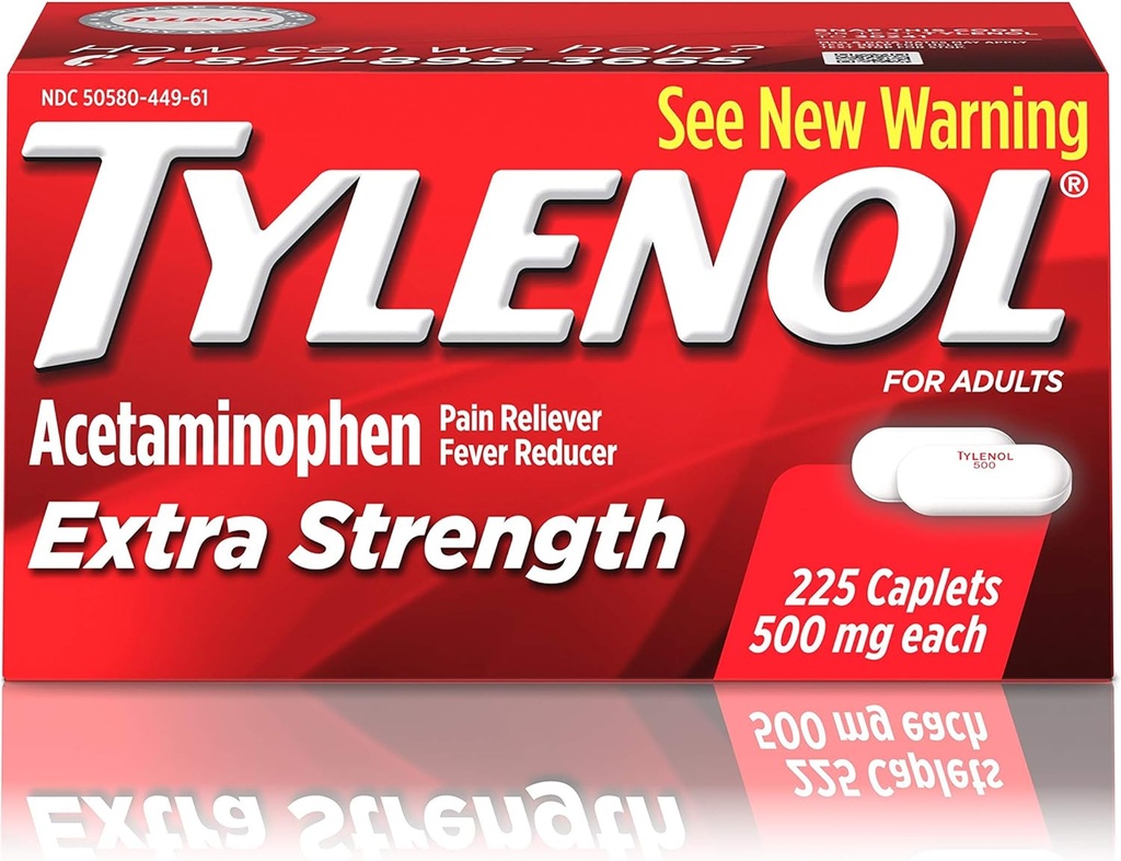 Tylenol Ekstra Kuvvetli Caplets with 500 mg Acetaminophen, Pain Reliever & Ateşleme, For Headache, Backache & Menstrual Pain Relief, 225 ctt