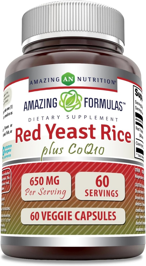 Amazing Formulas Red Yeast Rice 600 Mg Plus Coq10 50 Mg | Veggie Capsules Supplement | Non-GMO | Gluten Free | Made in USA (60) Count