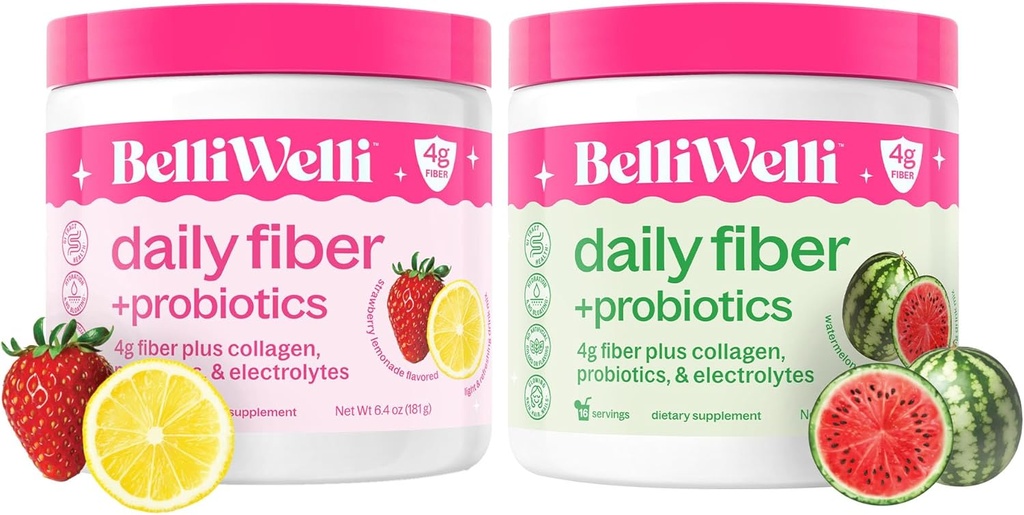 Belli Welli Daily Fiber Supplement Sche - Strawberry Lemonade & Watermelon - Collagen, Probiyotiks & Electrolytes for Balanced Wellness - Reneing Flavors, 32 Hizmet Toplamları