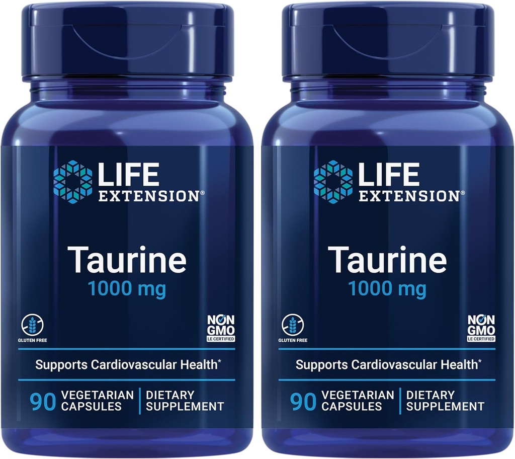 Επέκταση ζωής Ταυρίνη, Pure Taurine Amino Acid Supplement, Heart, Liver and Brain Health, Longevity, Myster and Exercise, δόση 1000 mg, Μη ΓΤΟ, Χωρίς γλουτένη - Δύο συσκευασίες - 90 κάψουλες χορτοφάγων x 2