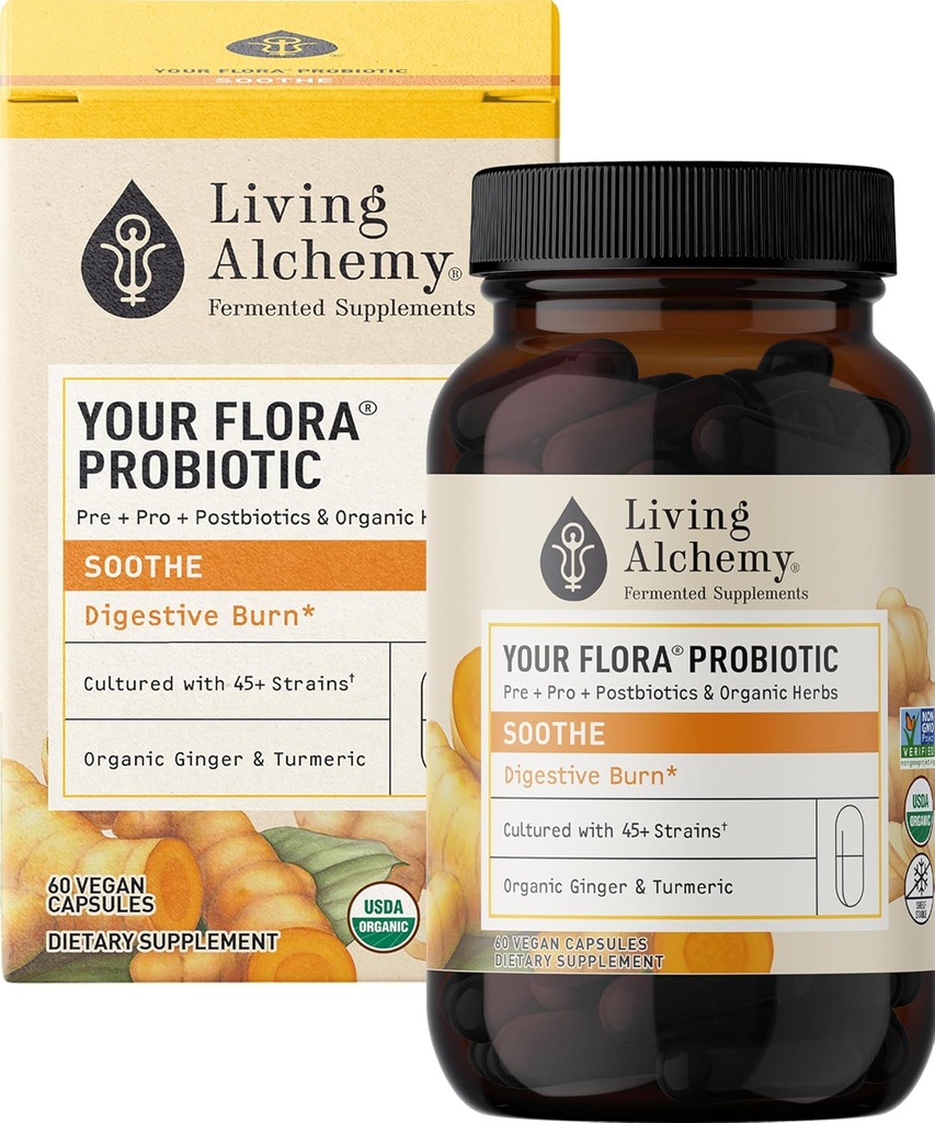 Your Flora Probiyotik Soothe – Non-GMO Probiyotiks with Fermented Soybean, Ginger, & Turmeric for Gut Balance, Digestion, & Support – Prebiyotiks, Postbiyotiks, Digestive Enzymes – Living Alchemy, 60 Adet