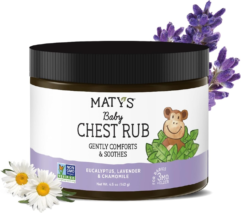 Matys Baby Chest Rub, Καταπραϋντική Συμφορητική ανακούφιση Vapor Rub για μωρά 3 Μήνες Παλιά +, Καθαρός & Παρηγορητικός Ευκάλυπτος, Λεβάντα, & Χαμομήλι για Ύπνο, Μη-GMO, Πετρελαϊκό Δωρεάν, Menthol Δωρεάν, 4,5 oz Tub